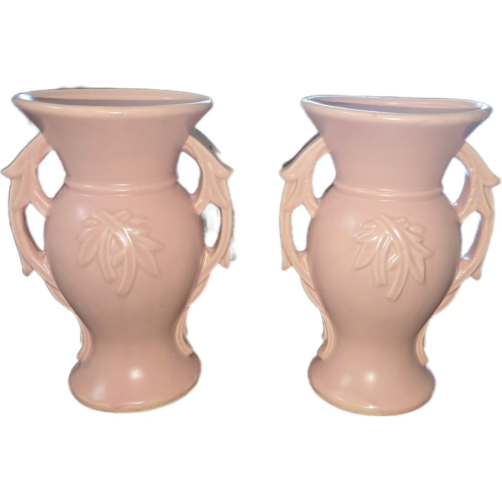 Vintage McCoy Pink Double Handle Urn Vase Pair Matte Leaf Embossed Set of 2